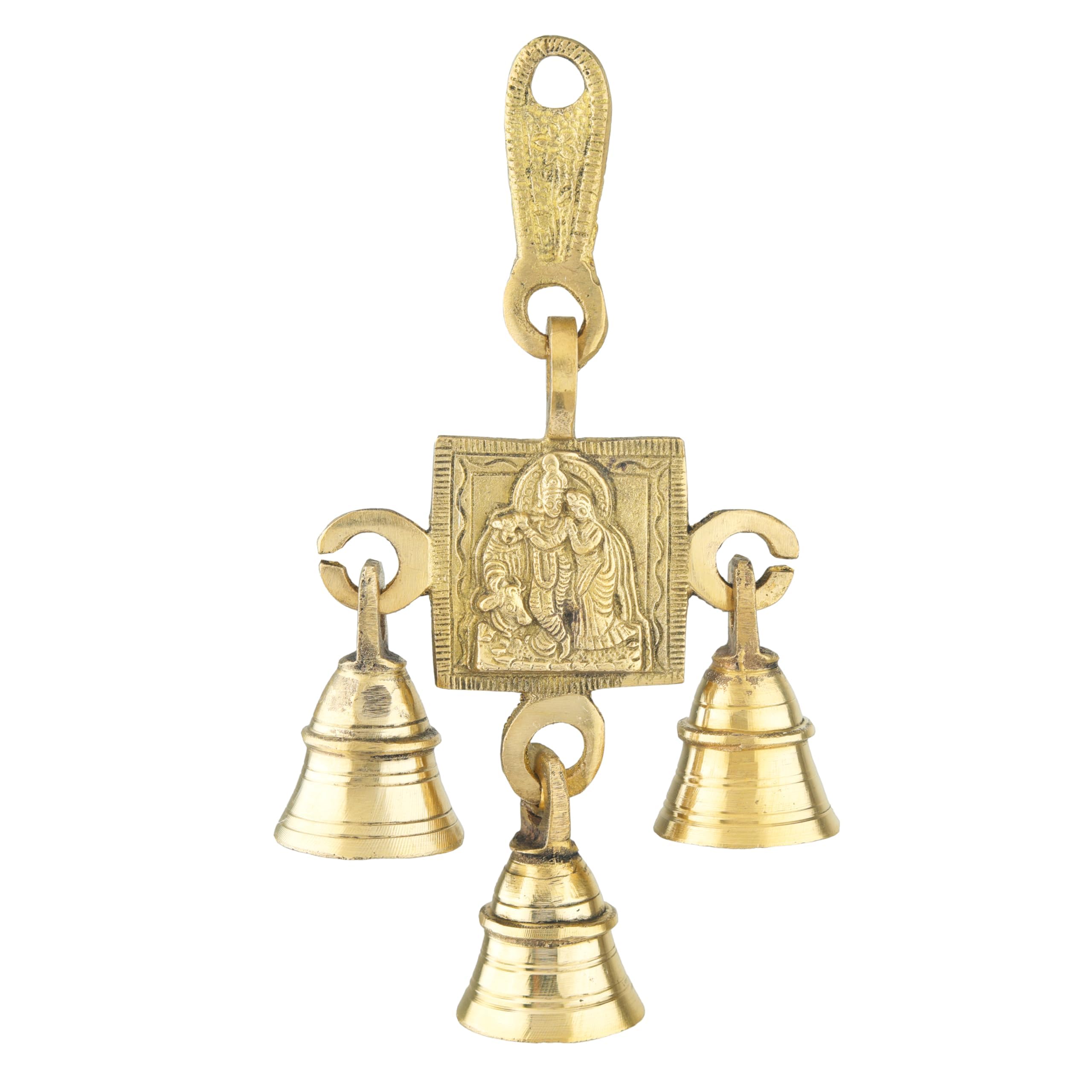3 Bells Brass Hanging Single Radha Krishna Hindu Statue for Home Temple Use Statue Hindu Idol Figure with Unique for Door Wall Home Traditional Festival New year Decorations Housewarming(Size:-6"X3")