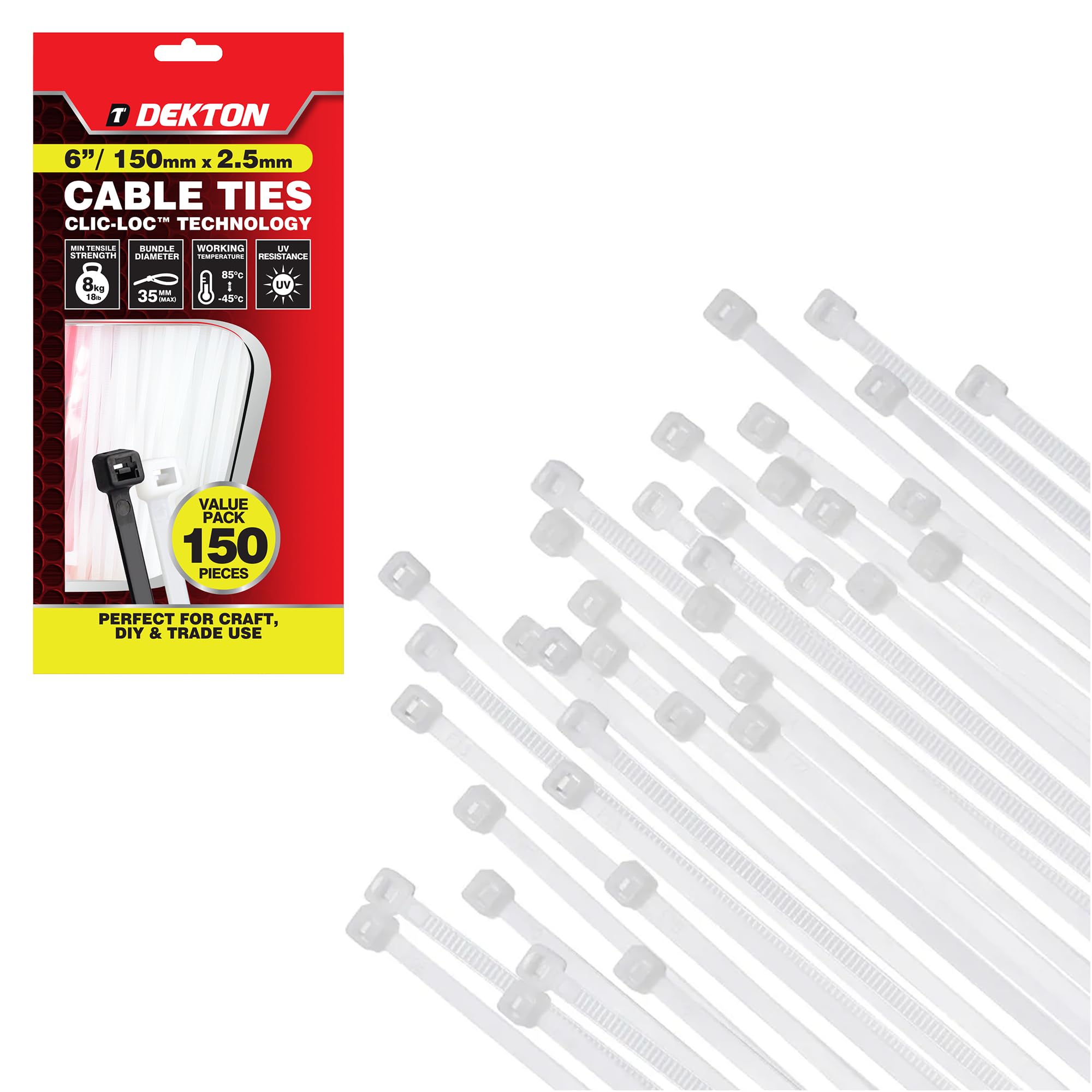 Dekton 150PC Cable Tie Set - 2.5MM X 150MM White | Heavy Duty Industrial Strength | High Temperature Resistant | Self-Locking Teeth | Ideal for Cables, Piping, Gardening & Wires | Indoor & Outdoor Use