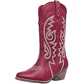 Women's Cowboy Boots Mid Calf Cowgirl Boots Embroidery Pointy Toe Women's Western Boots Chunky Heeled Wide Calf Boots US size 5-11