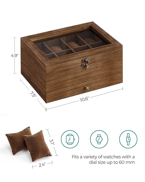 SONGMICS 8-SLOT WATCH BOX, 2-TIER WATCH DISPLAY CASE WITH LARGE GLASS LID, REMOVABLE PILLOWS, VELVET LINING, JEWELRY BOX, GIFT IDEA, RUSTIC WALNUT UJOW008K01