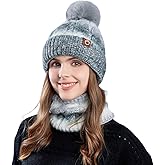 Bodvera Womens Winter Beanie Hat Scarf Set,Thermal Fleece Lined Women Beanie with Pom Warm Knitted Neck Scarf Cold Weather