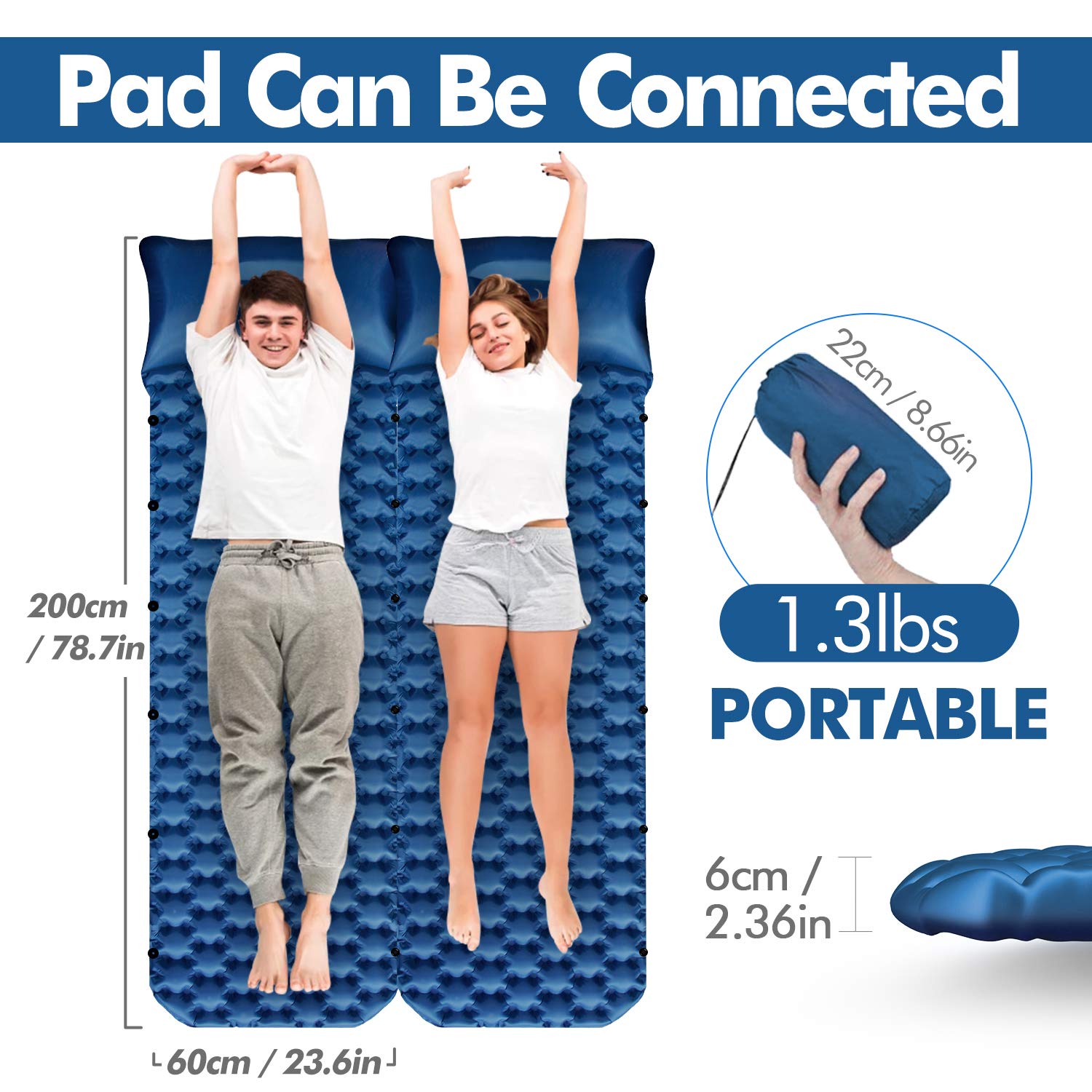 RioRand Inflatable Sleeping Mat Camping Mattress with Pillow 6.56Ft Lightweight Camping Sleeping Pad Outdoor Foldable Inflatable Air Mattress for Camping Travelling and Hiking