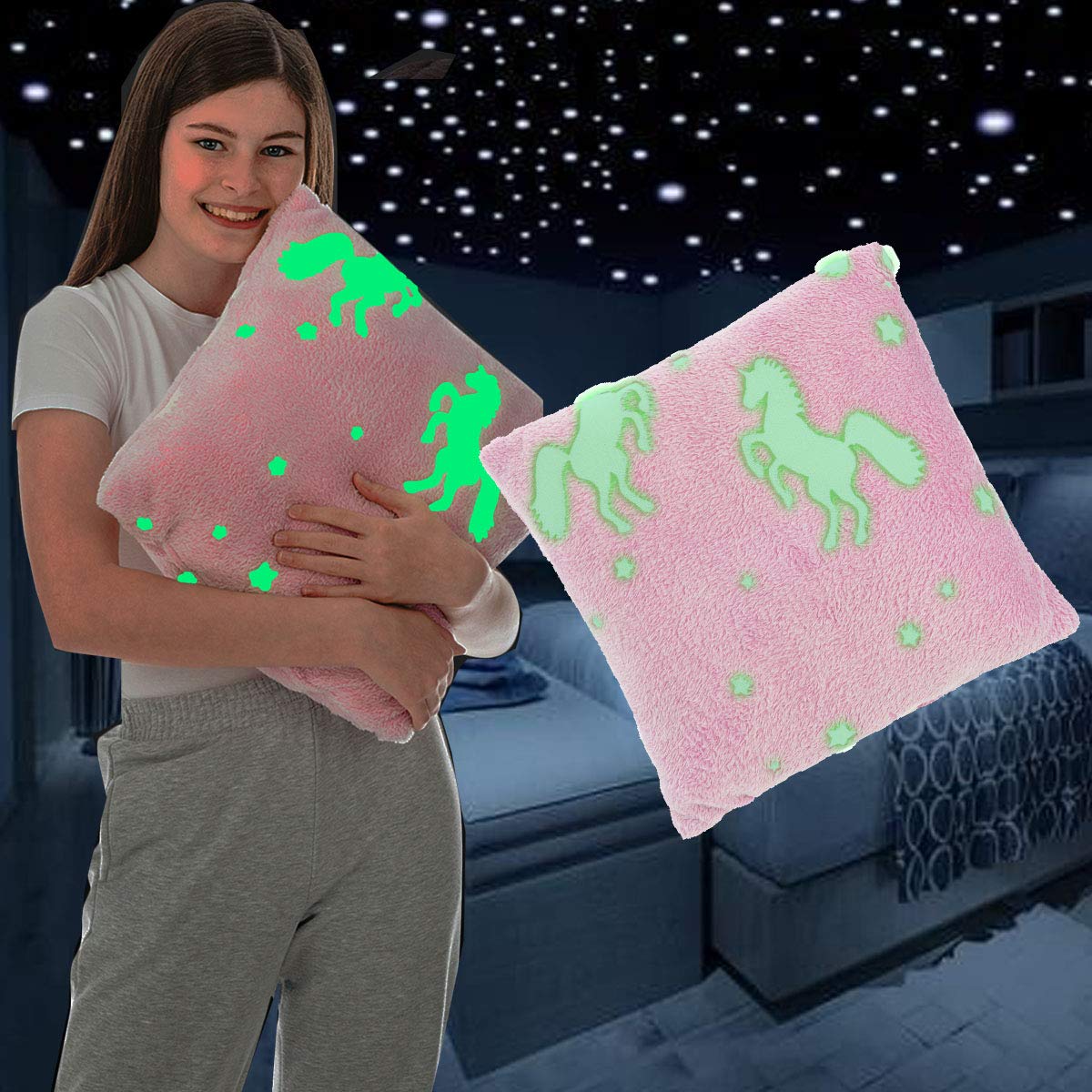 FiNeWaY Glow in The Dark Cuddly Cushion Moon Star Unicorn Gifts for Kids Girls Boys Adults Cosy Warm Super Soft Plush Fleece Faux Fur Bedtime Pillow Bedroom Sofa Couch (Unicorn Pink)