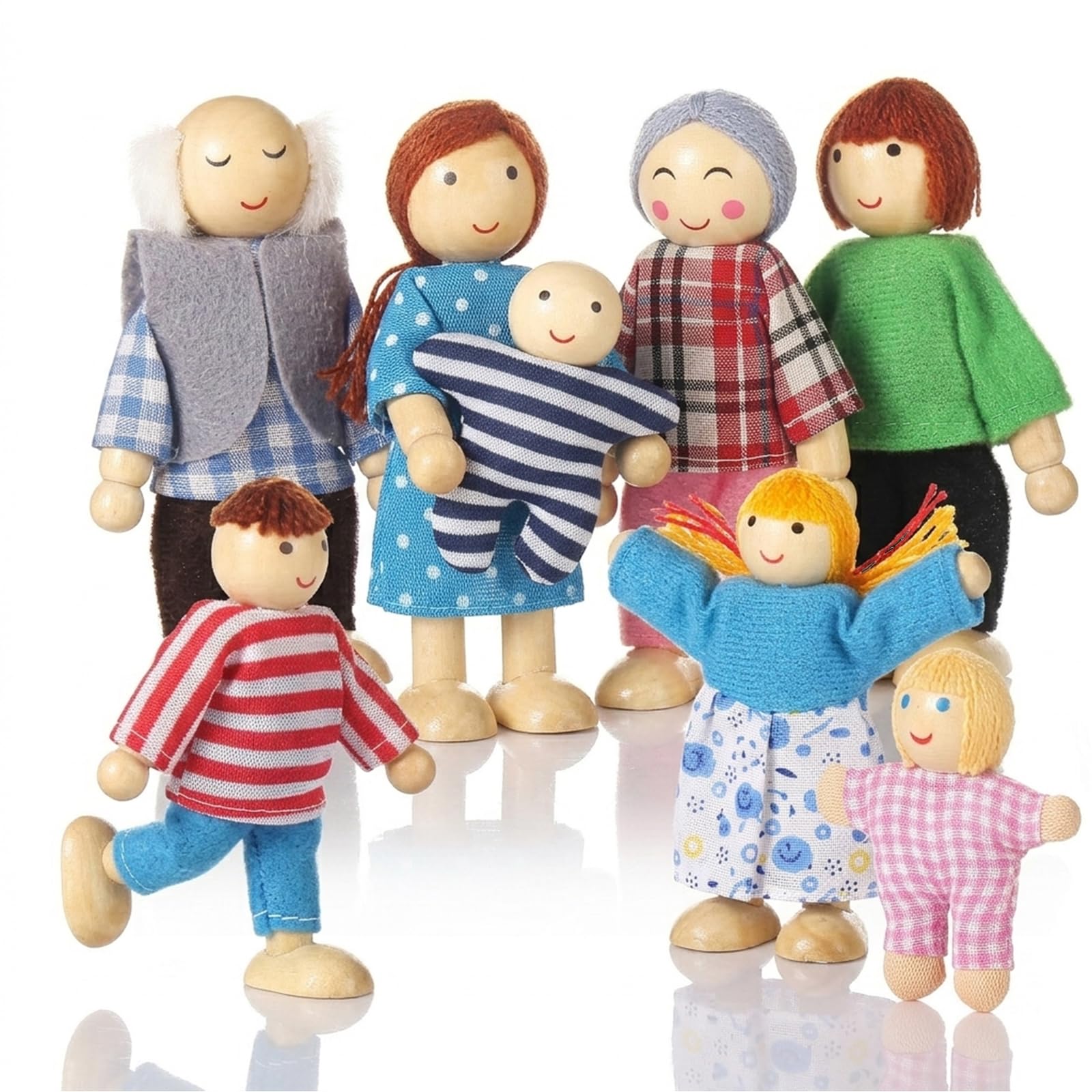 Jzszera Dolls House People Family of 8 Wooden Figure Set, Small Wooden Dolls Toys for Children Girls