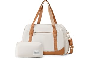 LONG VACATION Women's Travel Duffel Bag with Toiletry Bag, Sports Gym Bag Weekendeer Carry-on Tote with Shoe Compartment and Wet Pocket, Yoga Bag Fit 15.6inch Laptop (BEIGE & BROWN, 18-inch)