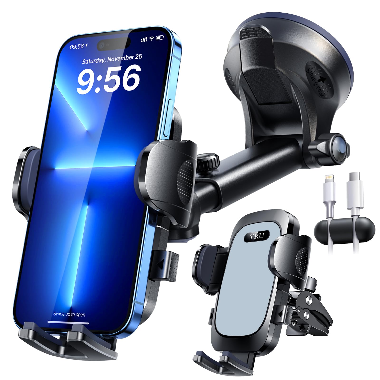 Photo 1 of YRU True Military-Grade [360° Rotation Suction] 2025 Ultimate Car Phone Holder Mount ?90+LBS Safest Strongest & Patent Certs? Dashboard Windshield Vent for iPhone 17 16 Pro Max Samsung, Dark Gray