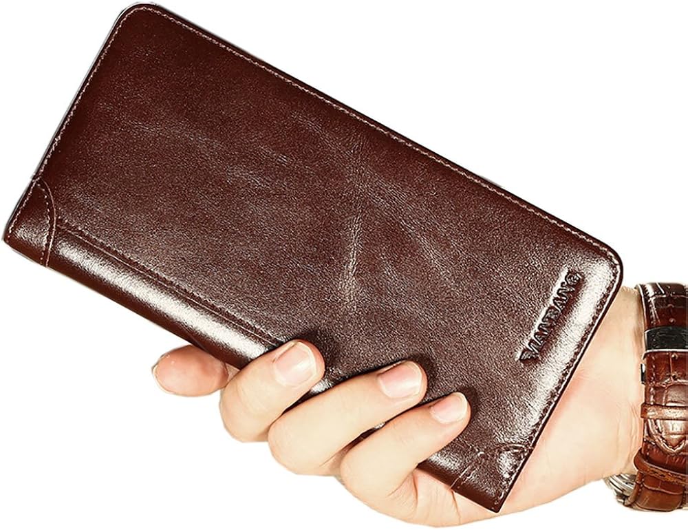 Mens Genuine Leather Clutch Bag Handbag Organizer Checkbook Card Case Wallet, Coffee - Image 3