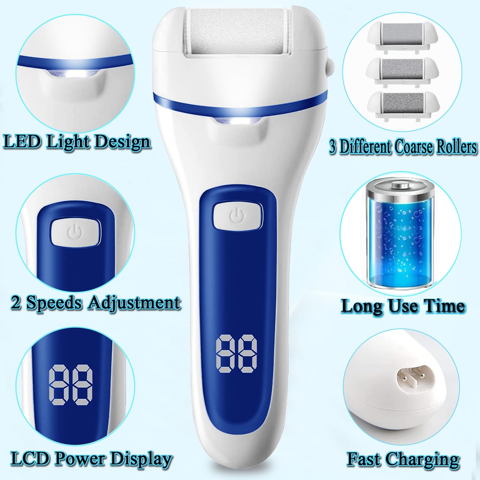 Electric Feet File Callus Remover for Feet, 13-in-1 Professional Pedicure Tools Foot Care Kit, Foot Scrubber Pedi for Hard Cracked Dry Dead Skin, 3 Rollers, 2 Speed, Battery Display - Image 2