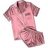 Ekouaer Womens Silk Satin Pajamas Short Sleeve Sleepwear Soft Button Down Loungewear 2 Piece PJS Shorts Set Dusty Rose XX-Large