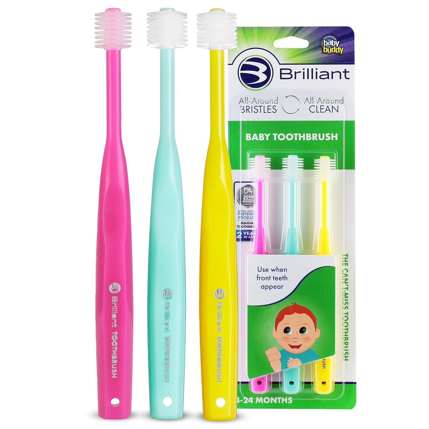 Brilliant Baby Toothbrush Oral Care, Babys First Toothbrush, Round Brush Head, Soft Bristles Clean All-Around Mouth, for Babies 4 Months Old - Toddlers 2 Years Old, Pink, Green, Yellow, 3 Count