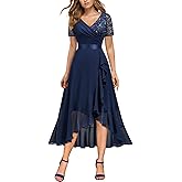 Miusol Women's Elegant V Neck Contrast Sequin Lace Chiffon Ruffle Split Evening Party Dress