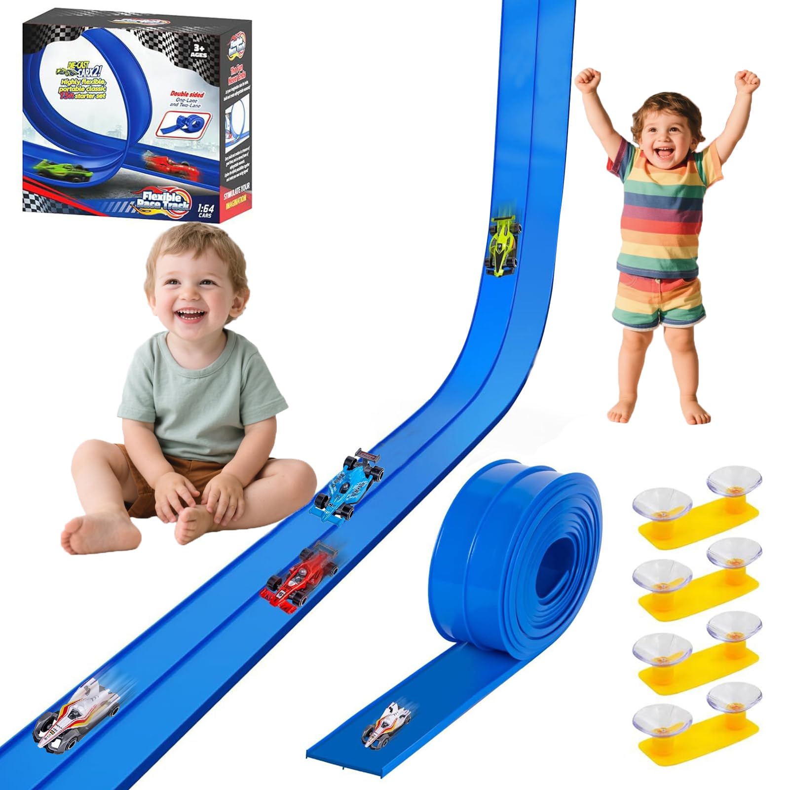 Speed Race Track for Cars, 5M Flexible Car Track Speed Race for Toy Cars with 4 Diecast Cars & Monster Trucks and Flexible DIY Trucks Suction Cup Birthday Gifts for 3 4 5 6 7 8 Year Boys Girls (Blue)