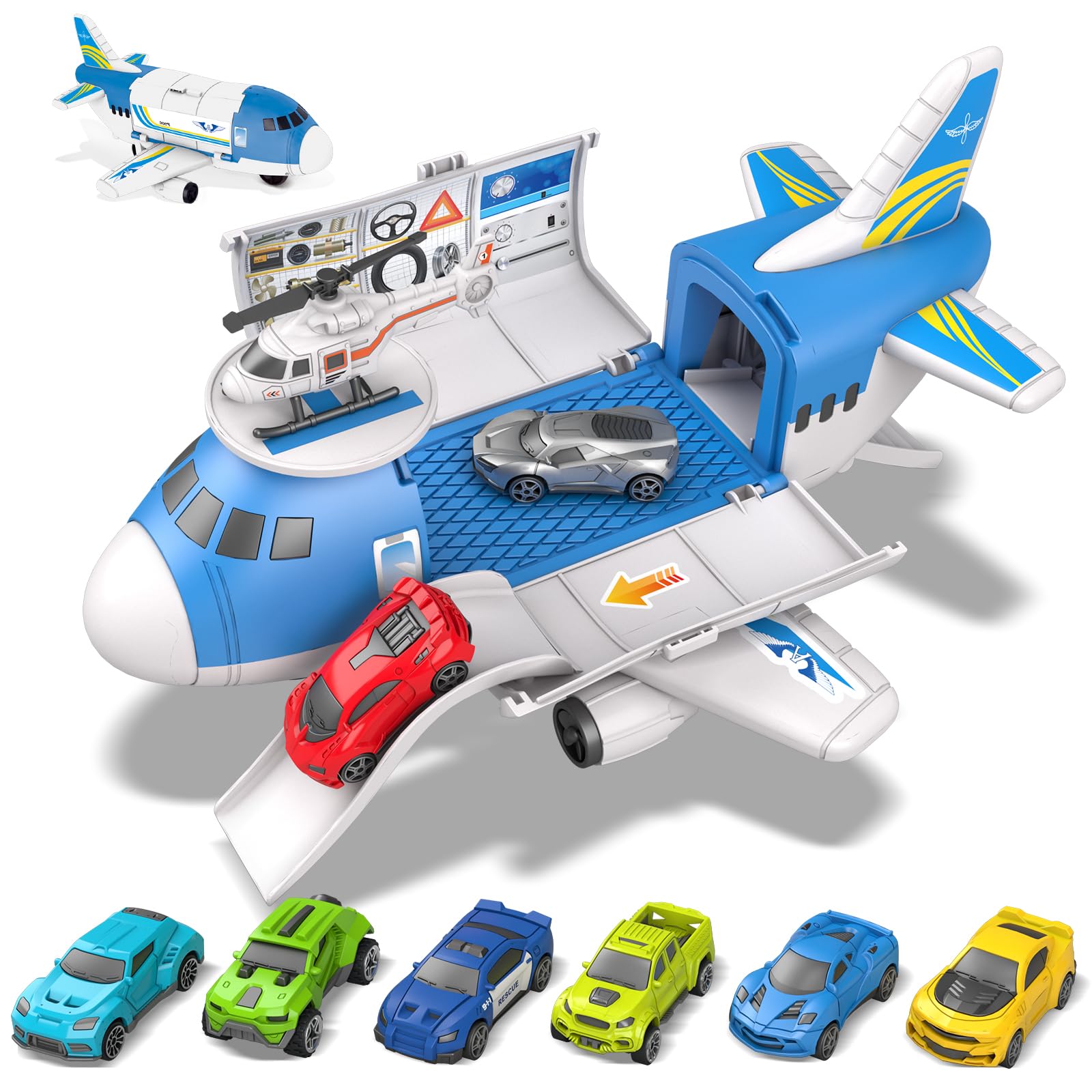 kramow Toy Cars for 3 Year Old Boys, Car Toys Set, Aeroplane Toys, Transport Airplane with 7 Sports Cars, 1 Off-Road Car, 1 Helicopter, Cargo Plane Toy Gifts for Kids Boys Girls age 3 4 5 6