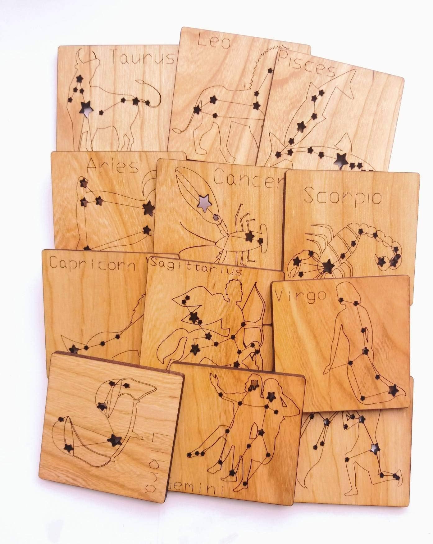 Constellation Learning - Zodiac Wooden Educational Tools - Coaster Tiles Gift for Science Teacher