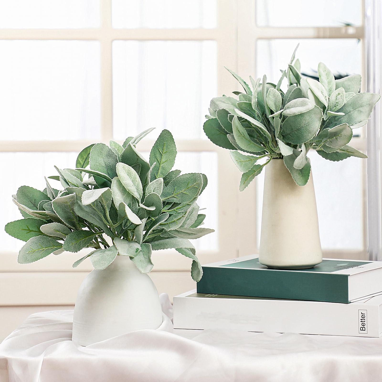 Photo 1 of 24 Pcs Artificial Lambs Ear Stems Garland Faux Greenery Stems Bulk Flocked Faux Greenery Decor Fake Lambs Ear Picks Plants for Home Wedding DIY Wreath Flower Arrangement