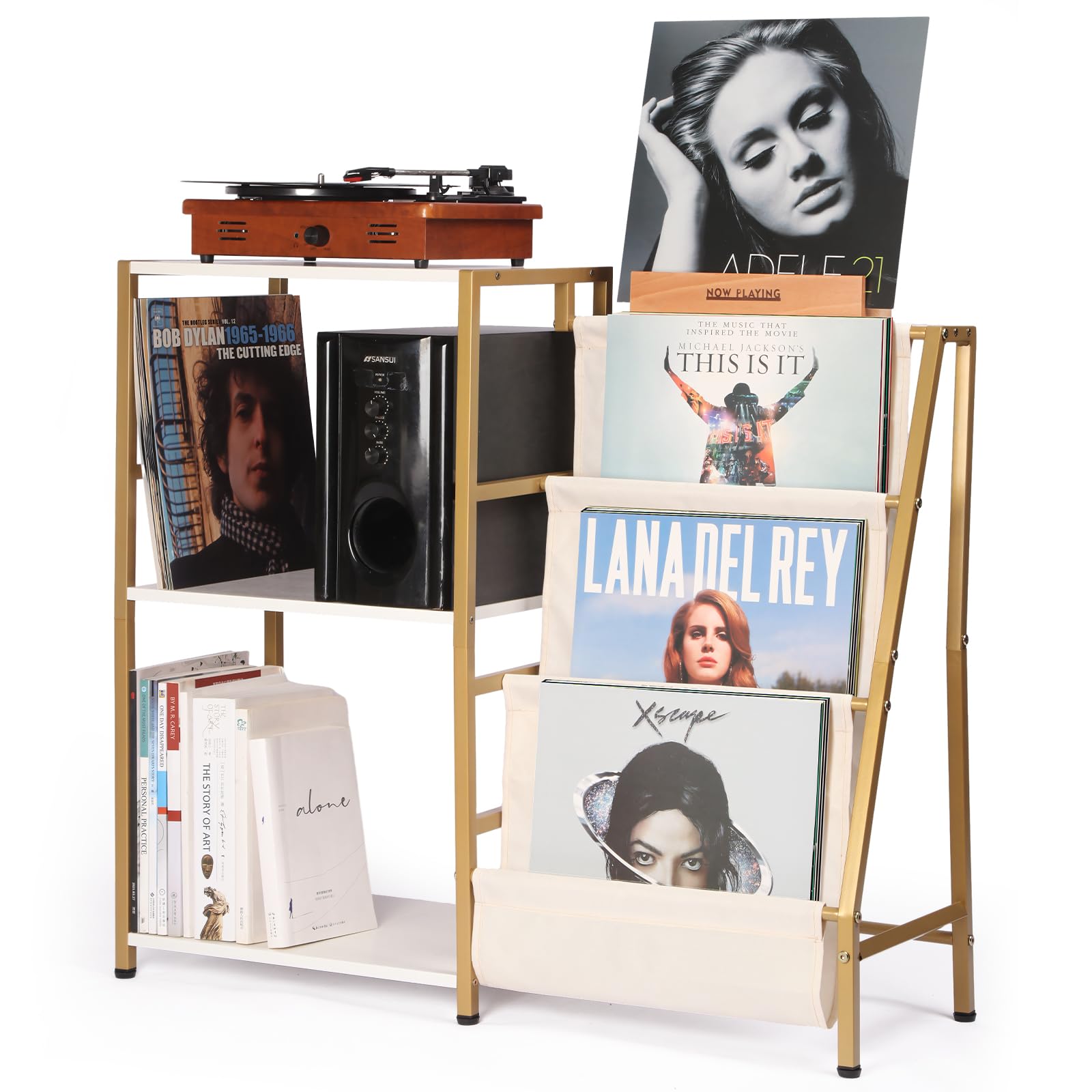 Photo 1 of HYCFYJR Stand for Record Player, 3 Tier Vinyl Record Storage with Now Playing Holder, Turntable Stand, Vinyl Display with Speaker Storage for Living Room, Gold White