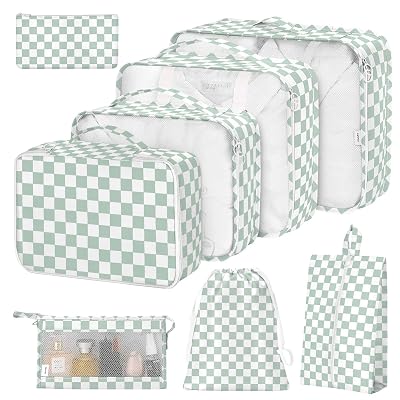 8 Set Packing Cubes for Suitcases,Suitcase Organizer with Shoe,Cosmetics,Clothing, and Accessories Bags for Travel Luggage Organizer Women Men(Green Checkered)