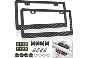 FBJTDQ Carbon Fiber License Plate Frames- Black Plastic Car Tag Holder, 2 Pack 2 Hole Front Rear Bracket with Screw Caps and Car Door Handle Stickers