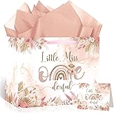 Onederful 1st Birthday Gift Bag for Baby Girl, Boho Floral First Birthday Gift Bags with Tissue Paper Greeting Card Little Miss Onederful Wrapping Paper Bag for Newborn Baby Shower One Year Old Party