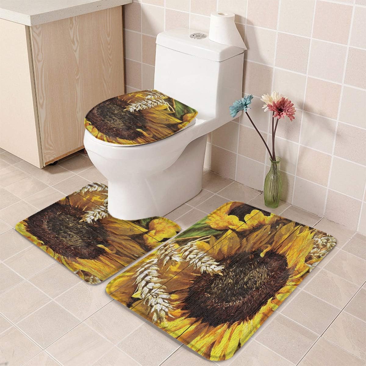 LALADecor Sunflower Bath Mat Set 20"x 31", Non Woven