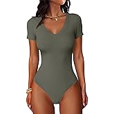 ANRABESS Bodysuits for Women V Neck Short Sleeve Body Suit Tops Slim Fit Ribbed Knit Soft Basic T-Shirts 2026 Summer Outfits