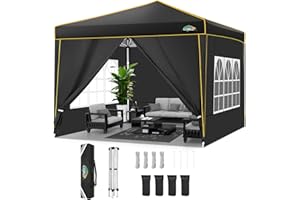 COBIZI 10x10 Pop Up Canopy with 4 Sidewalls and 4 Sandbags UV Protection 50+ Camping Commercial Wedding Portable Tent for Backyard, Black