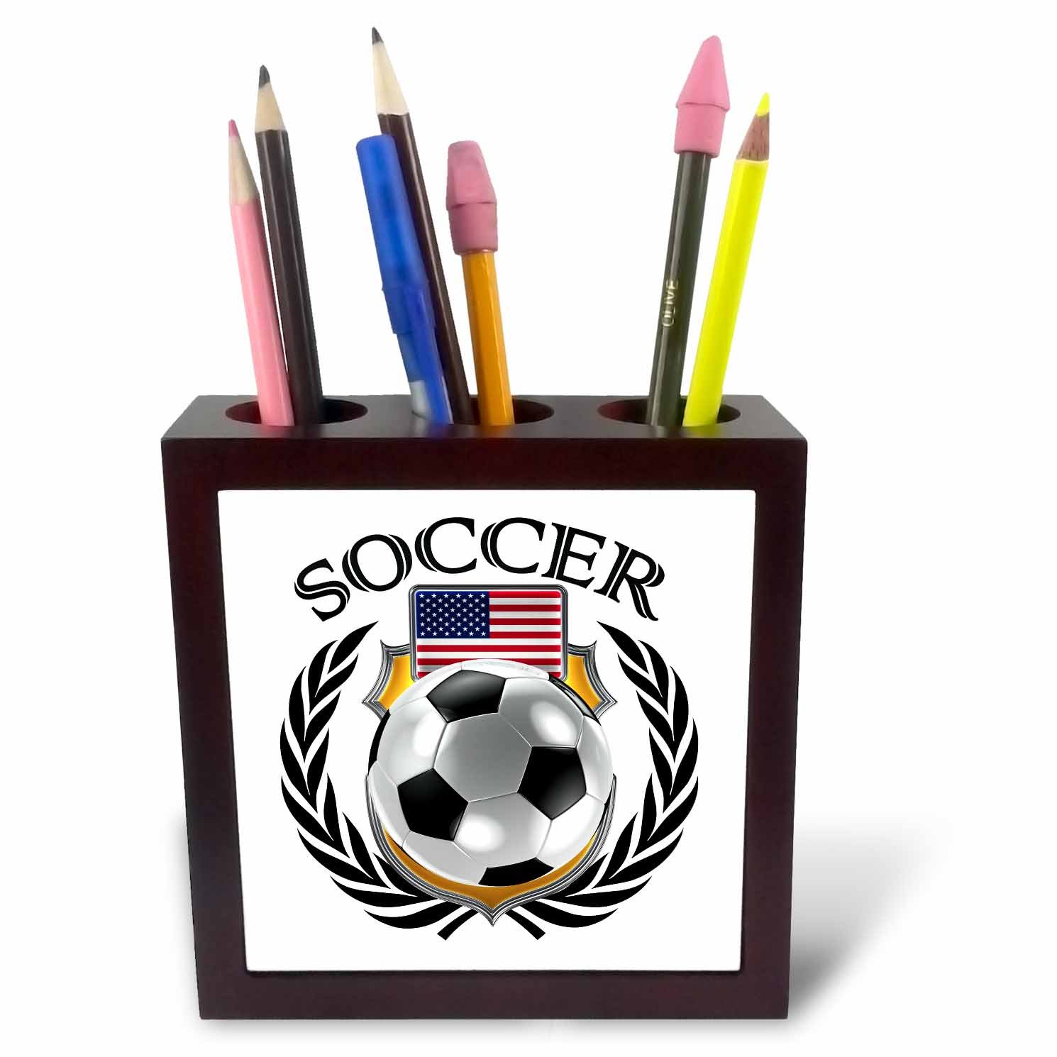 3dRose ph_239682_1 5-Inch USA Soccer Ball with Fan Crest Tile Pen Holder