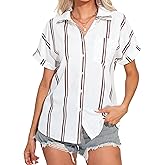 Meetrendi Women's Button Down Shirts Solid Blouse Batwing Short Sleeve Tops with Pockets Dressy Casual