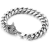 COOLSTEELANDBEYOND Men’s Steel Wolf Head Bracelet Heavy Curb Chain Link Design Bold Viking Style Fashion Jewelry