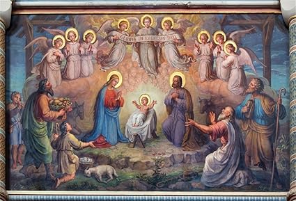 Aofoto 7x5ft Jesus Birth Photography Backdrop Christmas Manger Nativity Blessed Virgin Mary Shepherd Saint Joseph Sheep Holy Angel Background Church