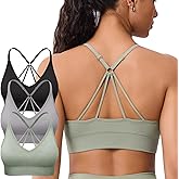 Strappy V Neck Sport Bra for Women, Multipack Padded Seamless Wireless Supportive Racerback Criss Cross Workout Yoga Bra Pack