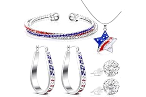 XunYee 4 Pcs 4th of July Jewelry Set for Women Patriotic Earrings Independence Day Bracelet USA American Flag Necklace Gifts