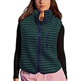 Colorful world Striped Fleece Vest Women High Neck Zip Up Sleeveless Teddy Sherpa Vest with Chest Pocket