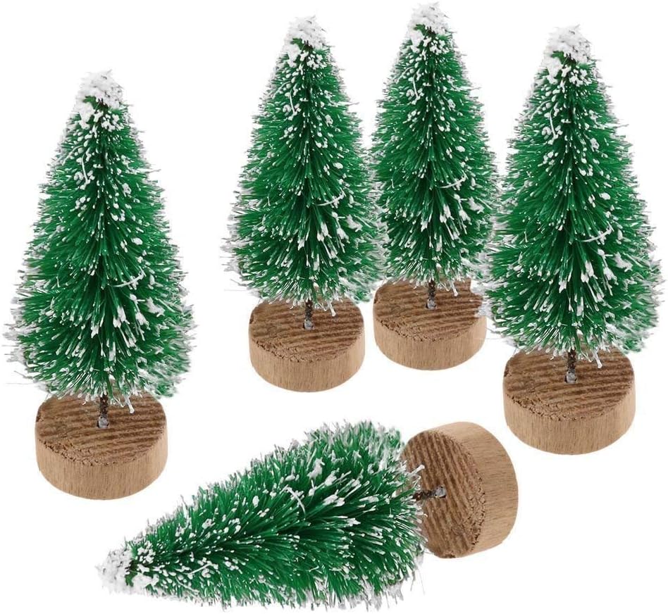 ILOVEDIY 5pcs Artificial Mini Christmas Tree Sisal Snow Frost Ornaments with Wooden Base for Christmas Party Home Decoration (Green, 12.5cm)