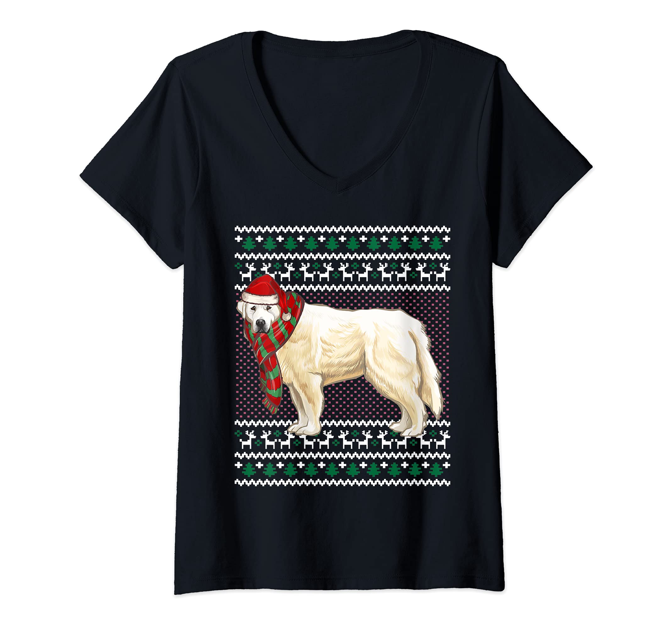 Womens Xmas Great Pyrenee Dog Santa Hat Ugly Christmas V-Neck T-Shirt