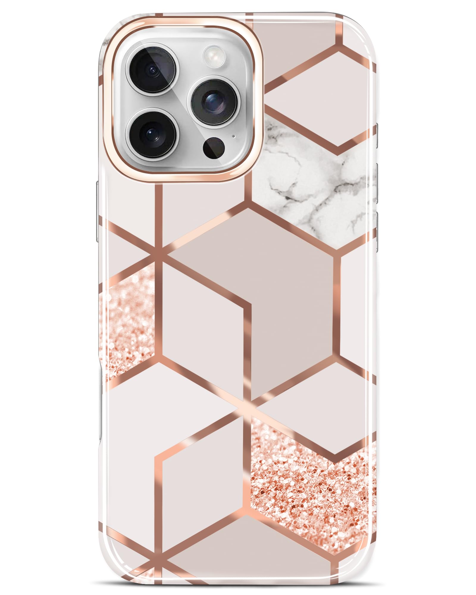 JAHOLAN Designed Case for iPhone 16 Pro Max Sparkle Glitter Plating Marble Protective Shockproof Slim Hard Back Cover Phone Case for iPhone 16 Pro Max 6.9" 2024 Rose Gold