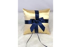 Abbie Home Flower Ring Bearer Pillow in Gold Satin Cover with Navy Blue Ribbon Bow Décor Party Favor Set-Navy Bow Pillow