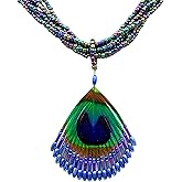 Swimmi Iridescent Peacock Feather Necklace, Hand Beaded Blue Color Beads Peacock Feather Pendant Necklace for Women, Handmade Feather Necklace Jewelry BA330-1