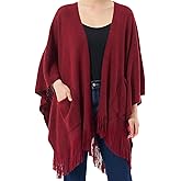 Cutecrop Knitted Poncho for Women, Shawl Wraps with Pockets, Open Front Fringe Winter Shawl with Tassel, Gift for New Year