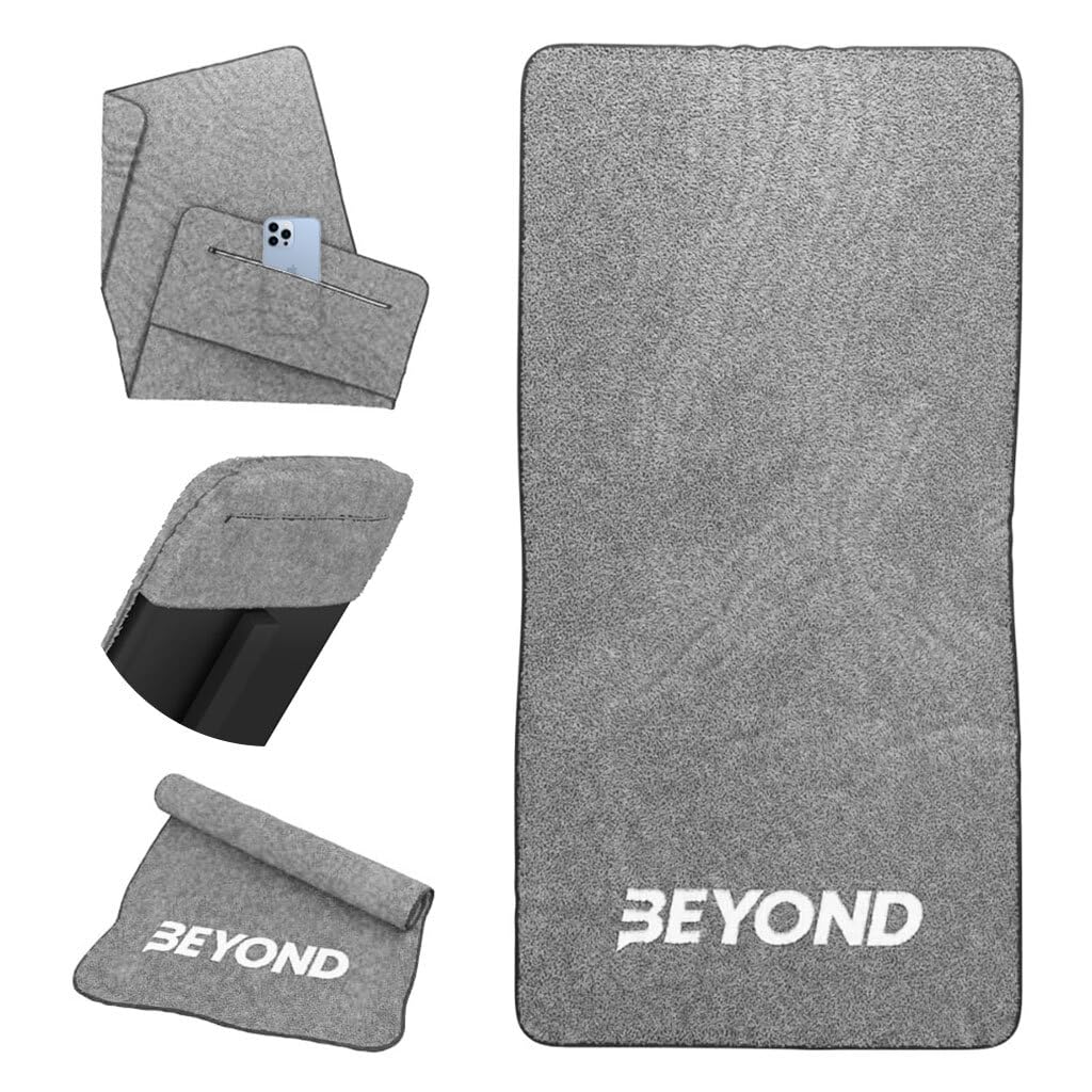 Beyond Gym Towel with Zip Pocket Cotton, High Absorbent for Crossfit Weightlifting and Running Grey