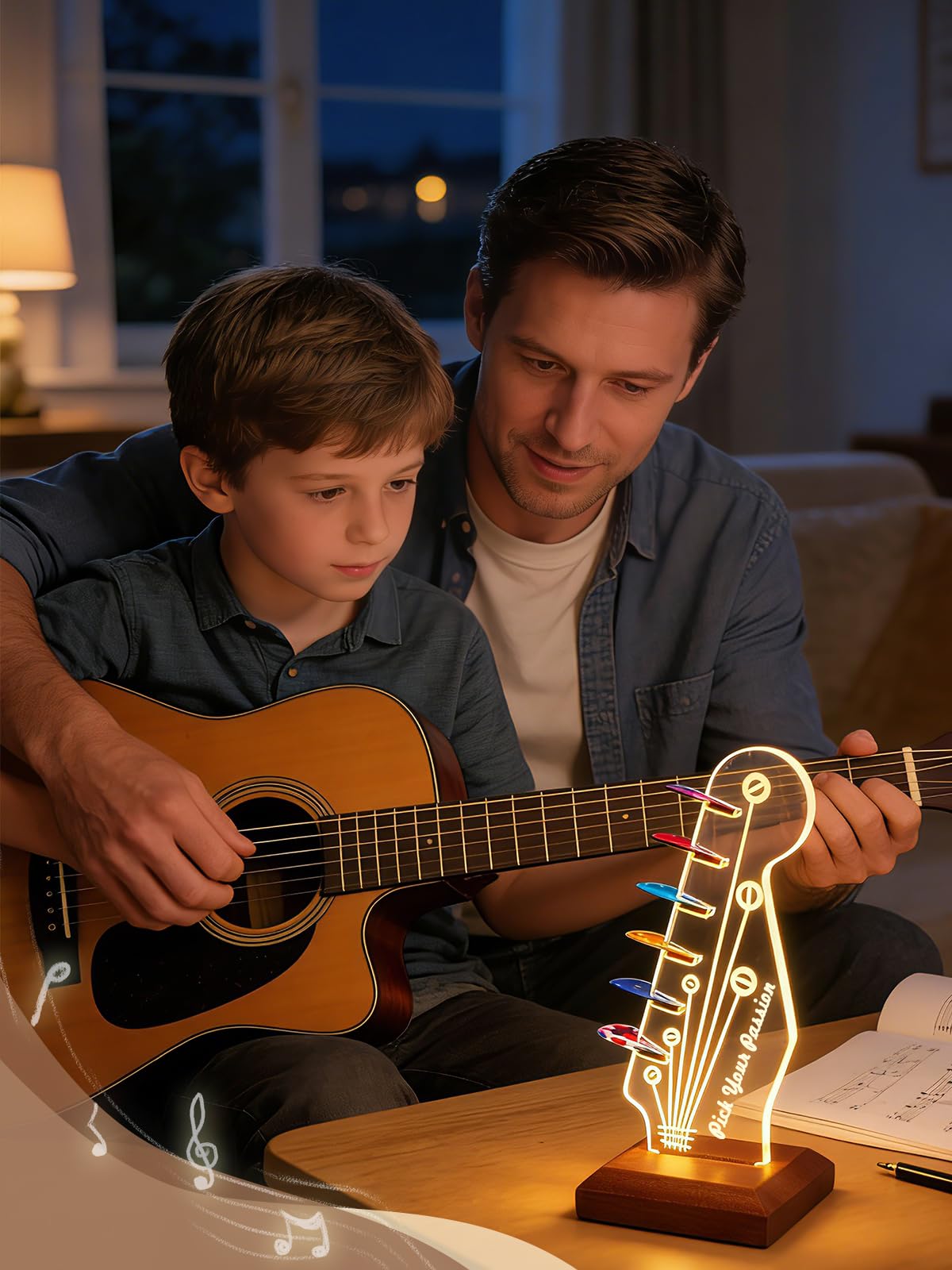CoolGift Mart Light Up Gitarren-Pick-Halter, Acryl E-Gitarre Kopfplatte geformt Pick-Halter mit hölzernen Basis für Picks Lagerung und Anzeige, Geschenk für Gitarrenspieler Gitarristen 7