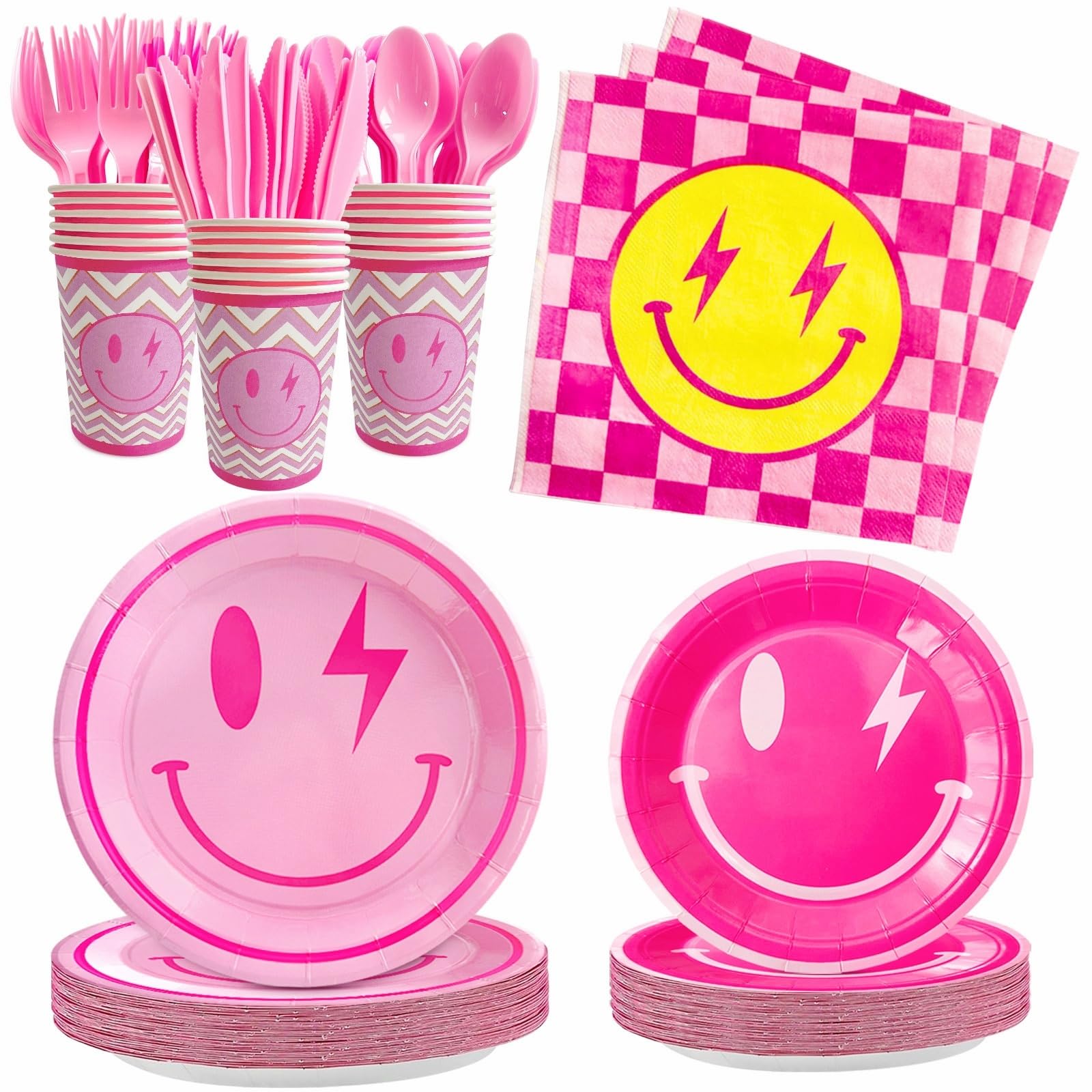 Photo 1 of 168PCS Preppy Birthday Decorations Preppy Party Decorations Smile Face Birthday Smile Face Party Supplies Paper Plates Cups Napkins Cutlery Set Serve 24 Guests Y2K Party