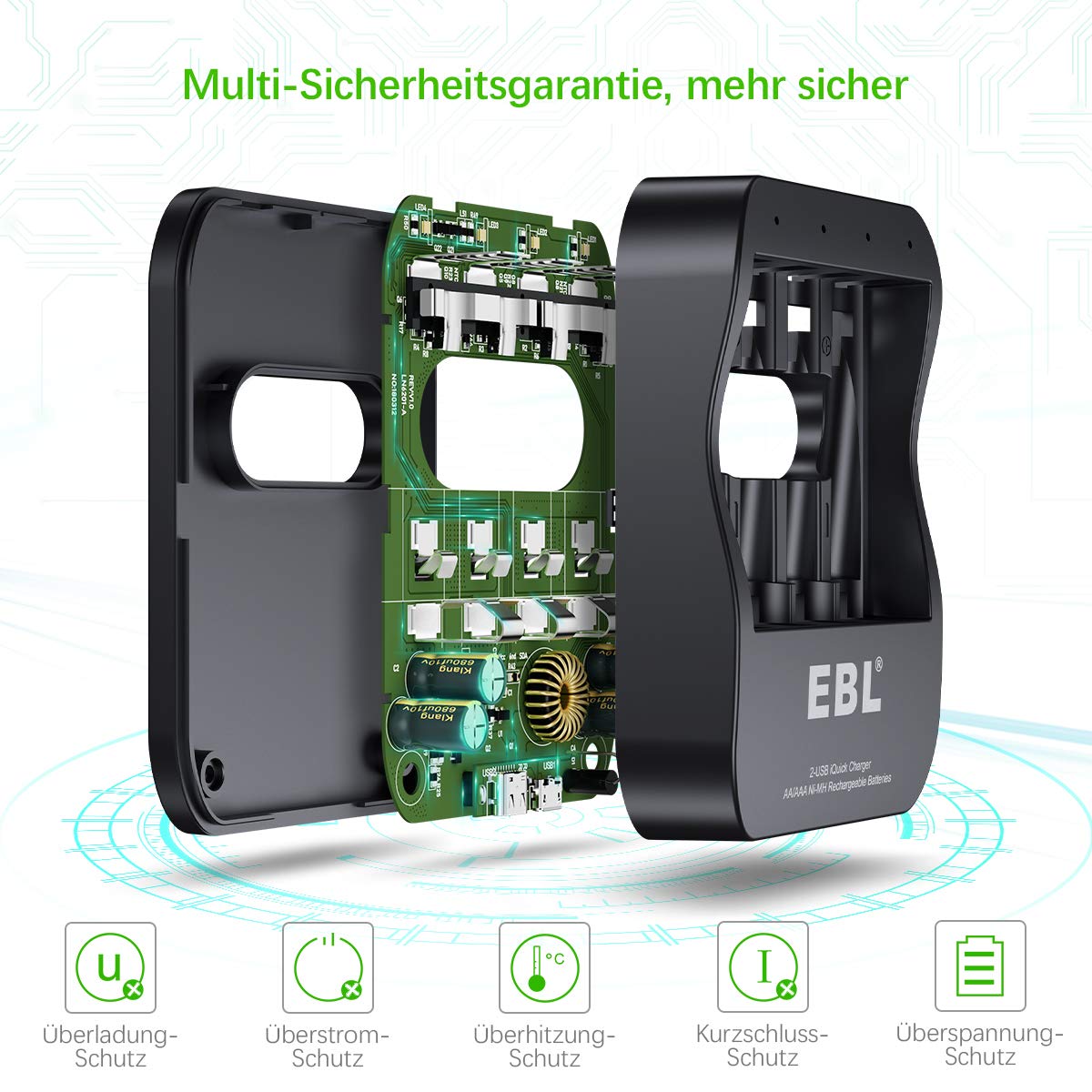 EBL USB Schnell Akku Ladegerät für AA, AAA, NI-MH wierderaufladbare Batterie inkl. 4xMignon AA Akku, 2-USB Port, Schnell Aufladung, tragbar für Unterwegs