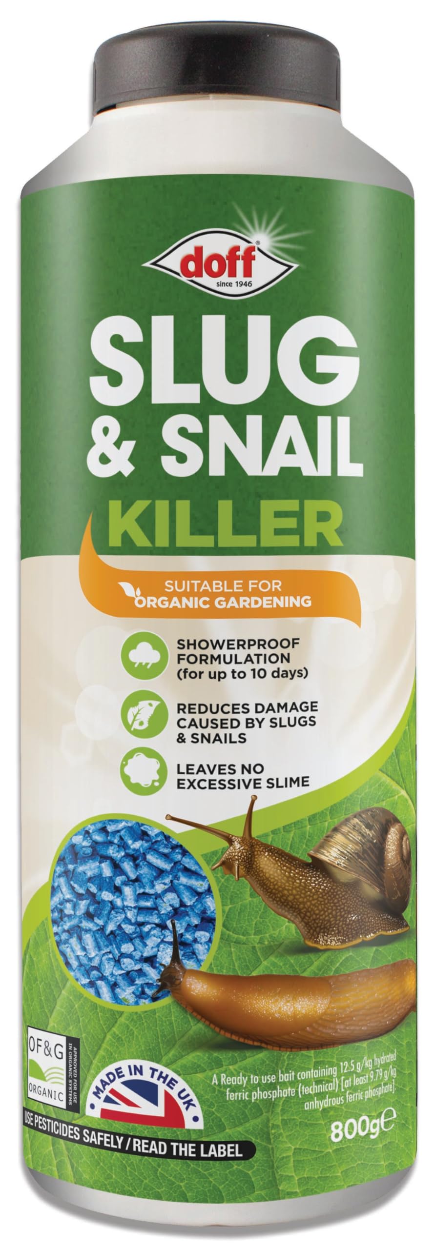 Doff Slug & Snail Killer | 800g Garden Slug Pellets | Ferric Phosphate Formula for Effective Slug and Snail Control | Long-Lasting Protection in Damp Conditions for Up to 14 Days - Safe for Crops