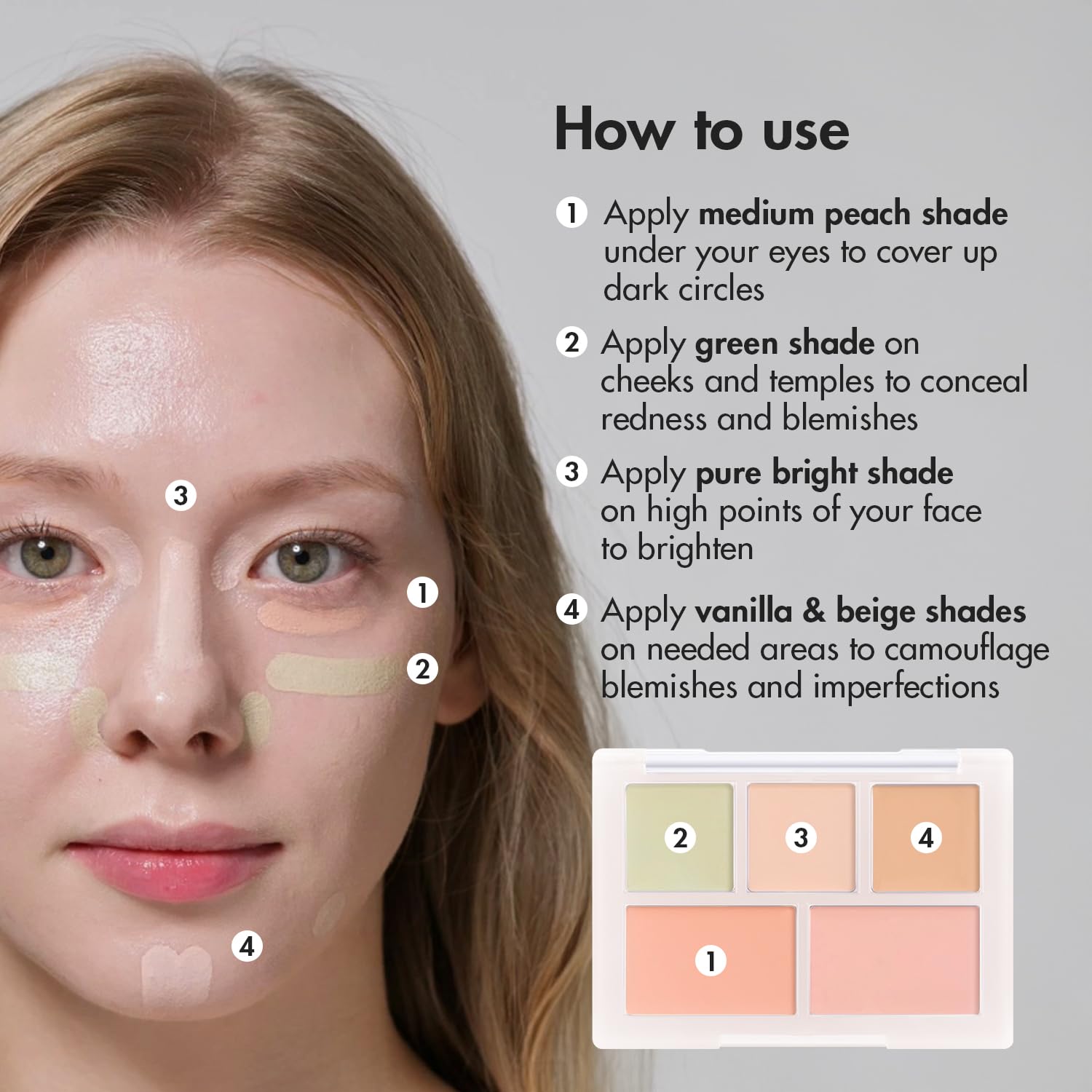 AK AEKYUNG LUNA Conceal Blender Palette 01 Clear Cover 5-in-1 Color Correcting and Concealing with Beige, Green, Vanila, Medium Peach and Pure Bright Buildable, Suitable for Neutral and Warm Tones