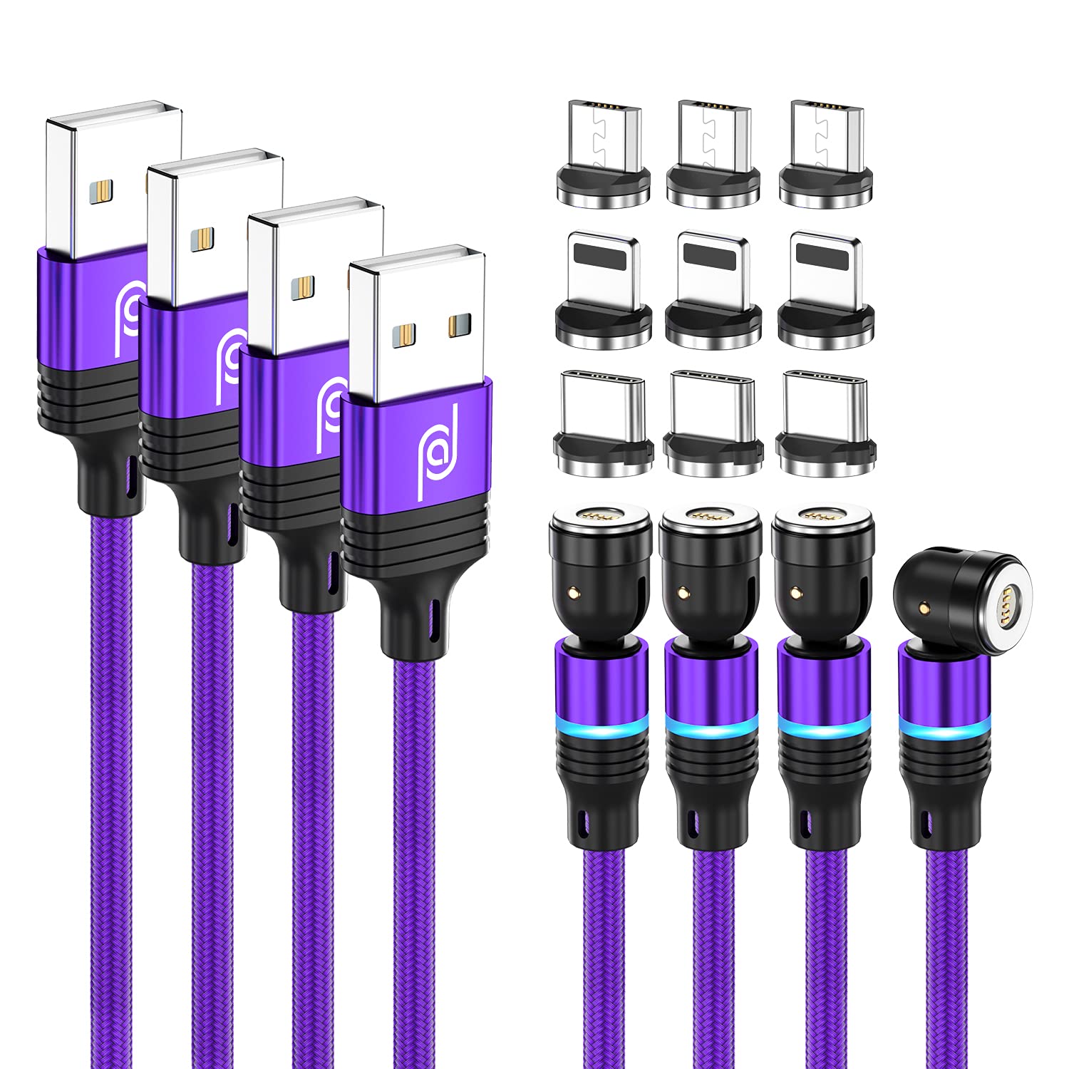 JJA Magnetic Charging Cable 3 in 1, (2 x 1m, 2 x 2m, 3m), 360° & 180° Rotation, Fast Phone Charger, 3A Nylon Braided Detachable, Data Transfer, for Micro USB, Type C, I-Connector (Purple, Pack of 4)
