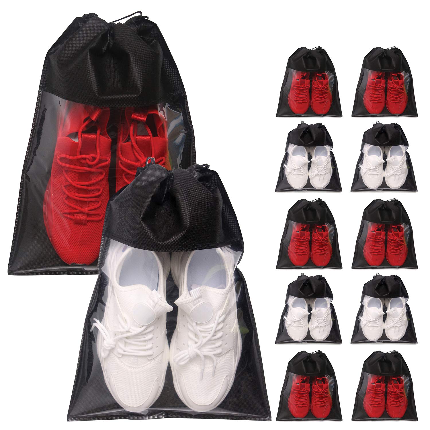 Photo 1 of 12 Pack Portable Shoe Bags for Travel Large Shoes Pouch Storage Organizer Clear Window with Drawstring for Men and Women Black