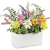 Briful Table Floral Arrangement Centerpiece, Artificial Flowers in Wooden Vase, Flower Plants Centerpieces for Tables, Farmhouse Table Decor, Living Room Dining Coffee Table Shelf Decor