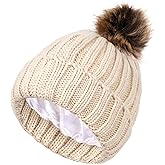 hoyuwak Satin Lined Beanie - Winter Hat for Women, Soft Stretchy Acrylic Beanies, Warm Beanies for Cold Weather, Outdoor Activities White