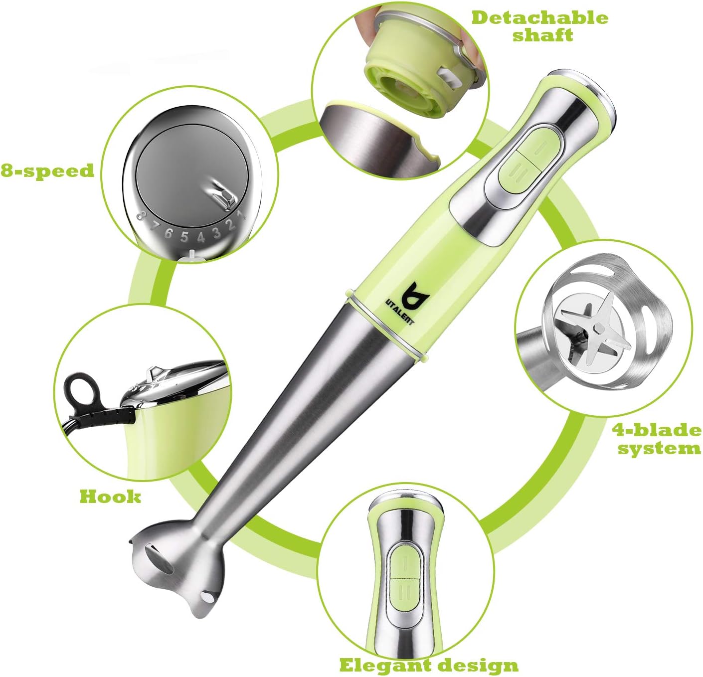 Immersion Hand Blender, Utalent 3-in-1 8-Speed Stick Blender with Milk Frother, Egg Whisk for Coffee Milk Foam, Puree Baby Food, Smoothies, Sauces and Soups - Green: Kitchen & Dining